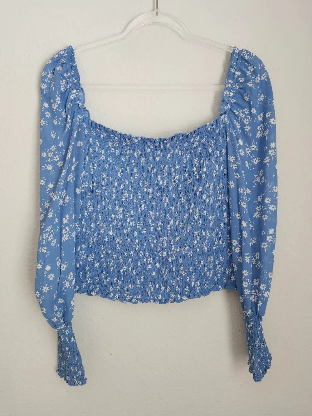 REFORMATION Pinto Blue Smocked White Floral Top L